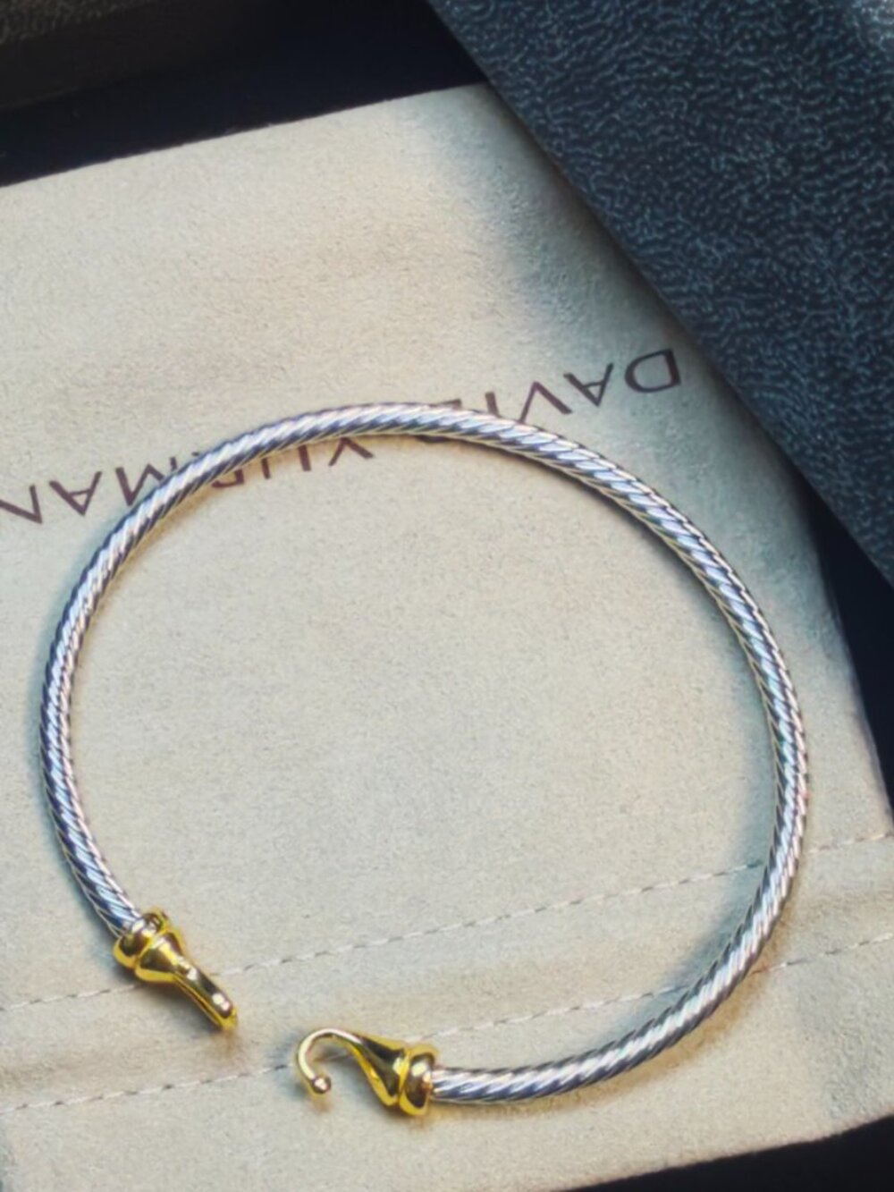 David Yurman Twisted Cable Hook Clasp Cuff Bracelet Two‑Tone Silver Gold Bangle